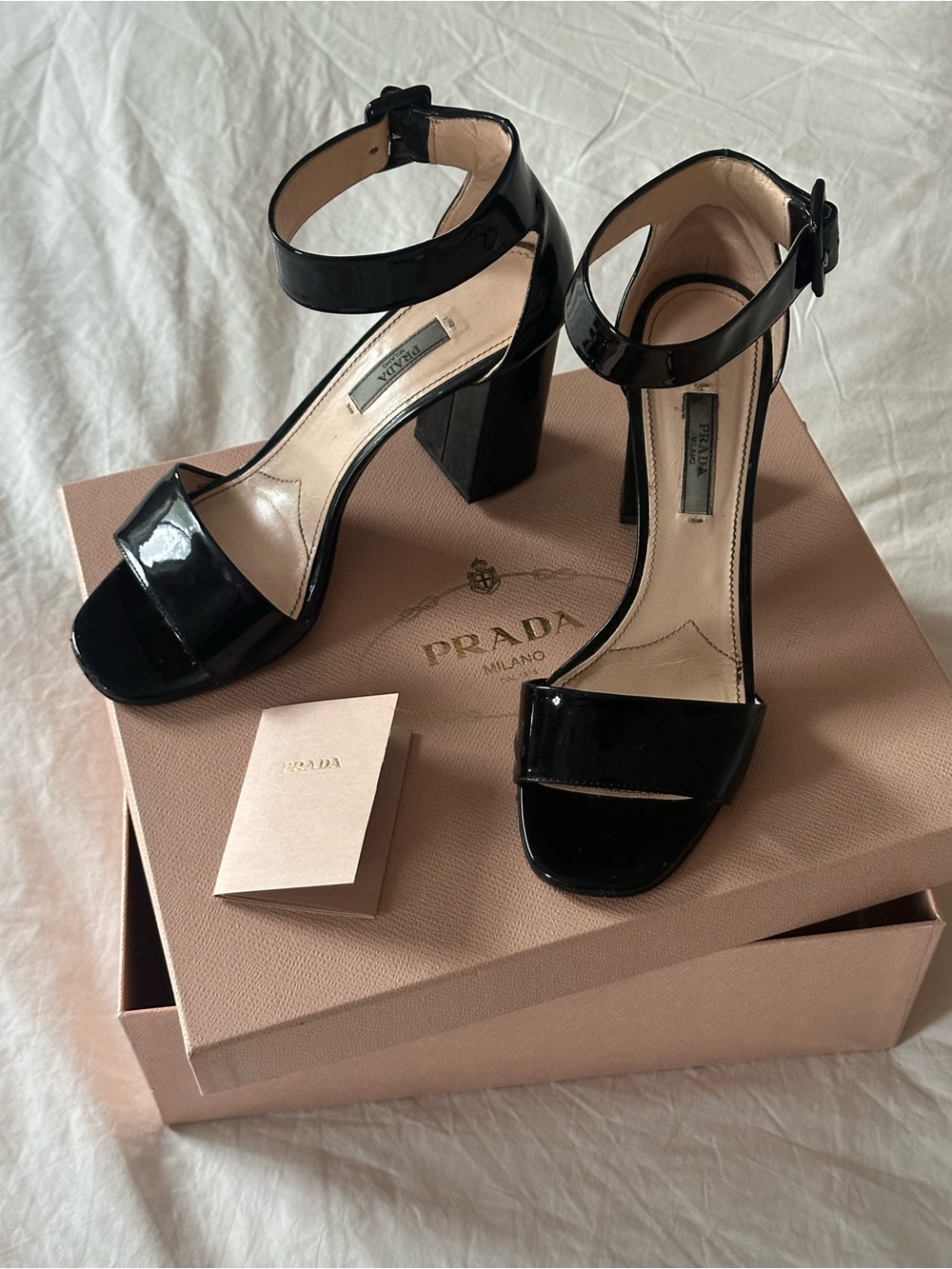 Prada Black Patent Leather Block Heel Ankle-Strap Sandals